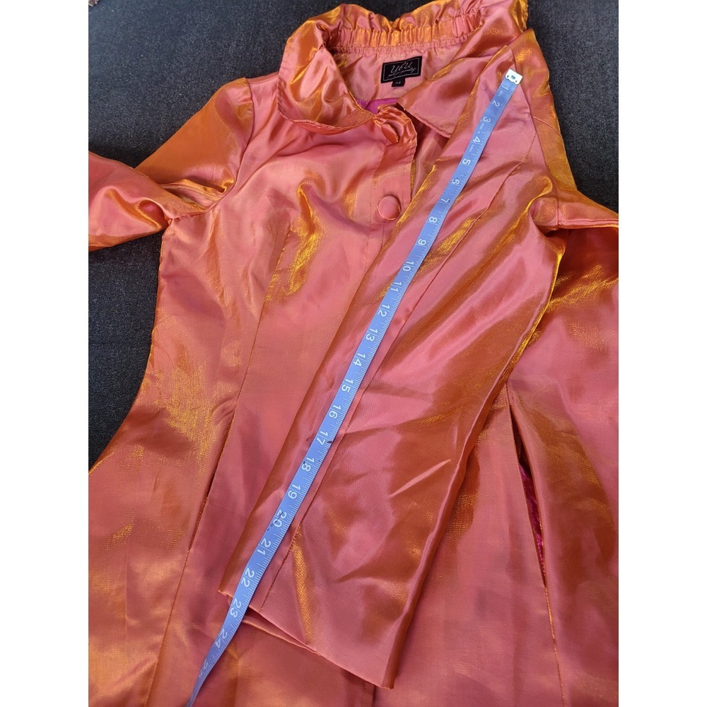 UBU 90's Y2K Metallic Orange Yellow Shift Shiny Mid Length Light Trench Coat M - Picture 15 of 15
